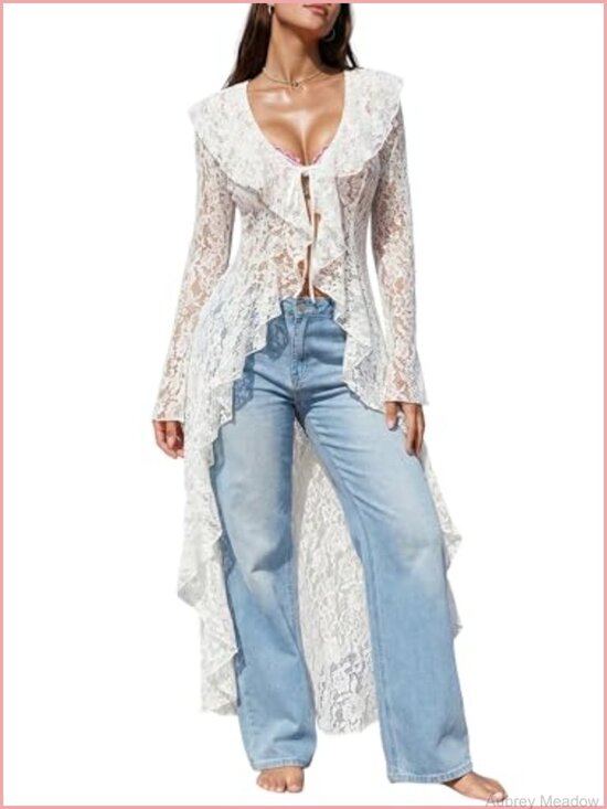Sweaters - Women Lace Cardigan Long Bell Sleeve Sheer Mesh Floral Tie Front Duster Maxi